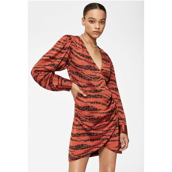 Anine Bing Penelope Wrap Orange and Black Tiger Print Silk Dress Small - Picture 5 of 10